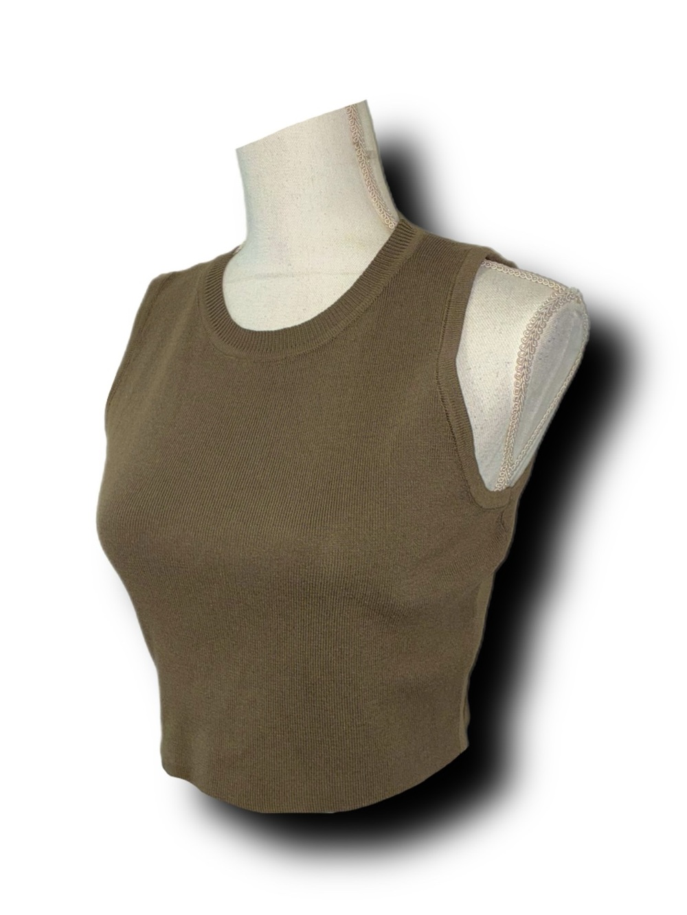 36Point5 Sleeveless Drab Olive Green Ribbed Knit Crop Top Minimalist Vibes - Picture 2 of 4